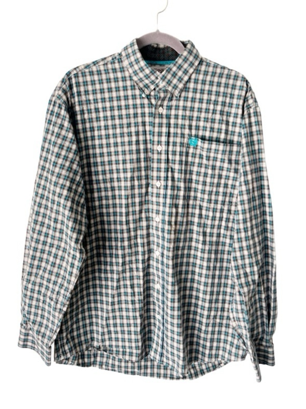 Cinch Plaid Button Down Western Shirt Size Medium Teal & Tan Rodeo Classic